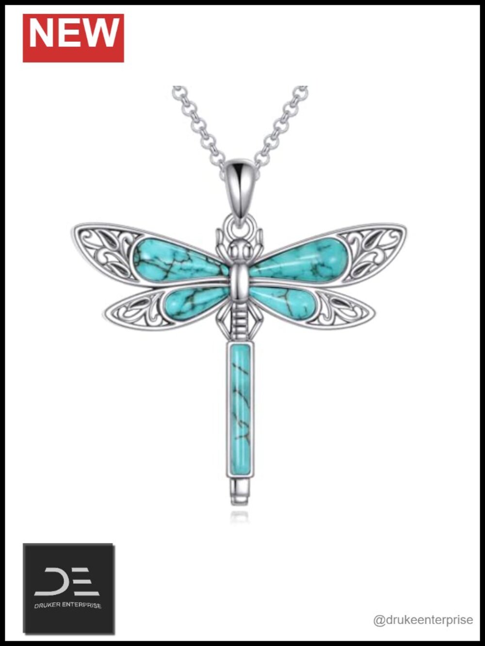 Genuine Turquoise Sterling Silver Dragonfly Pendant Necklace Women 18"